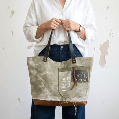 Cabas femme en toile militaire recyclée et cuir marron