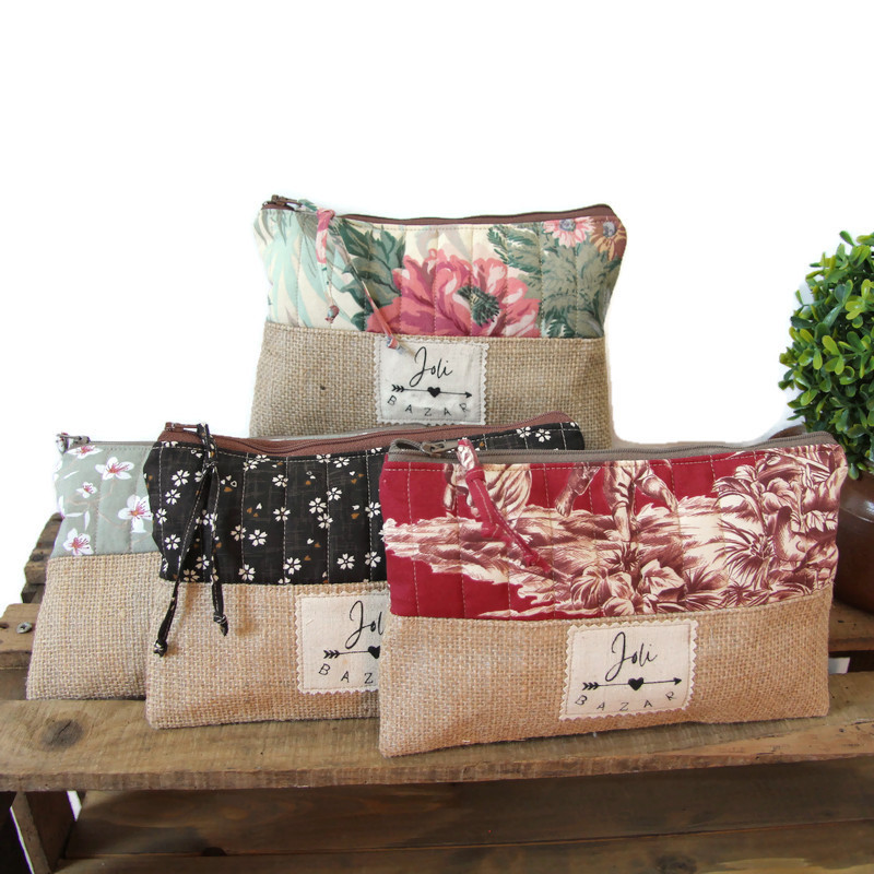 Pochettes à maquillage pour femme en toile d ejute et coton fleuri