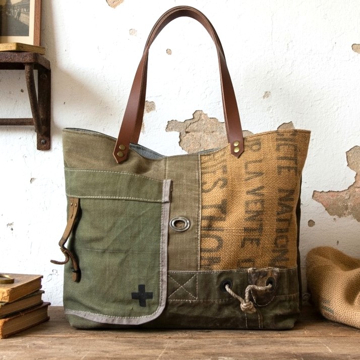 Sac fourre-tout toile de jute et militaire Pleasant Home