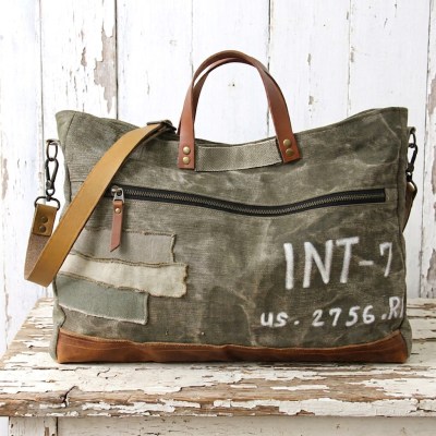 Fourre-tout homme en toile militaire grise et cuir
