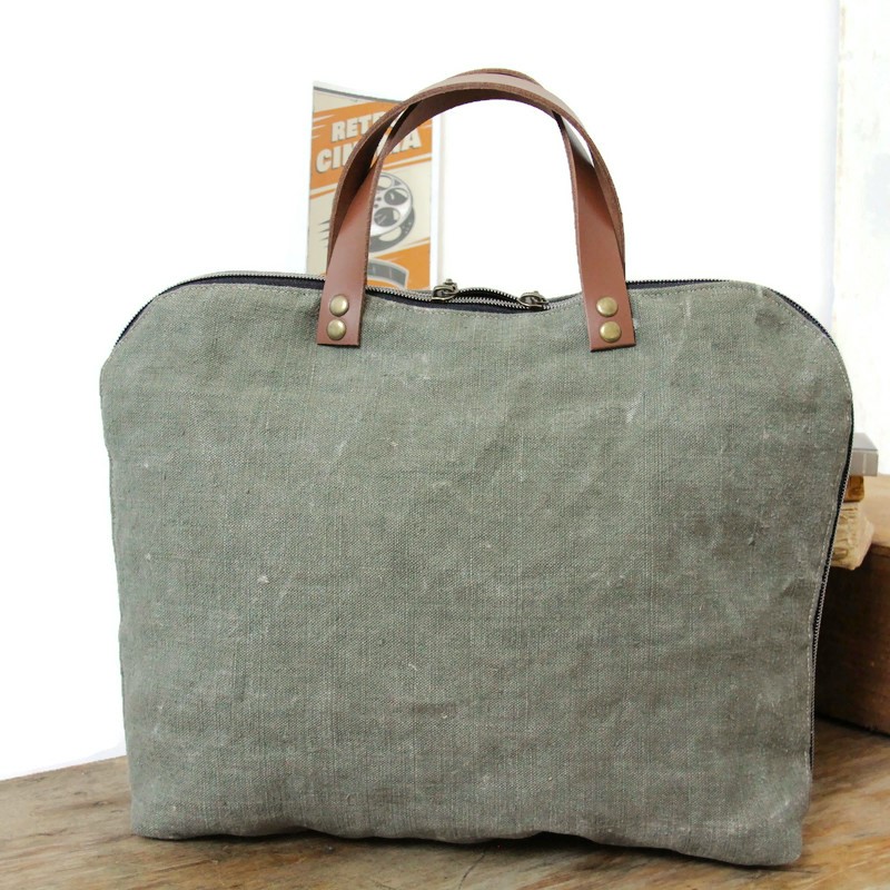 Sacoche homme toile ancienne et cuir – Fabrication Française – Image 5