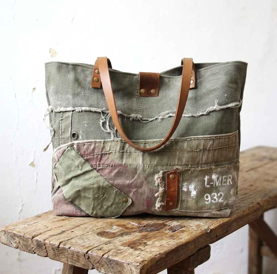 Sac femme original en toile upcyclée et cuir