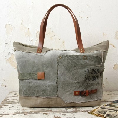 Sac week-end femme en toile militaire et cuir