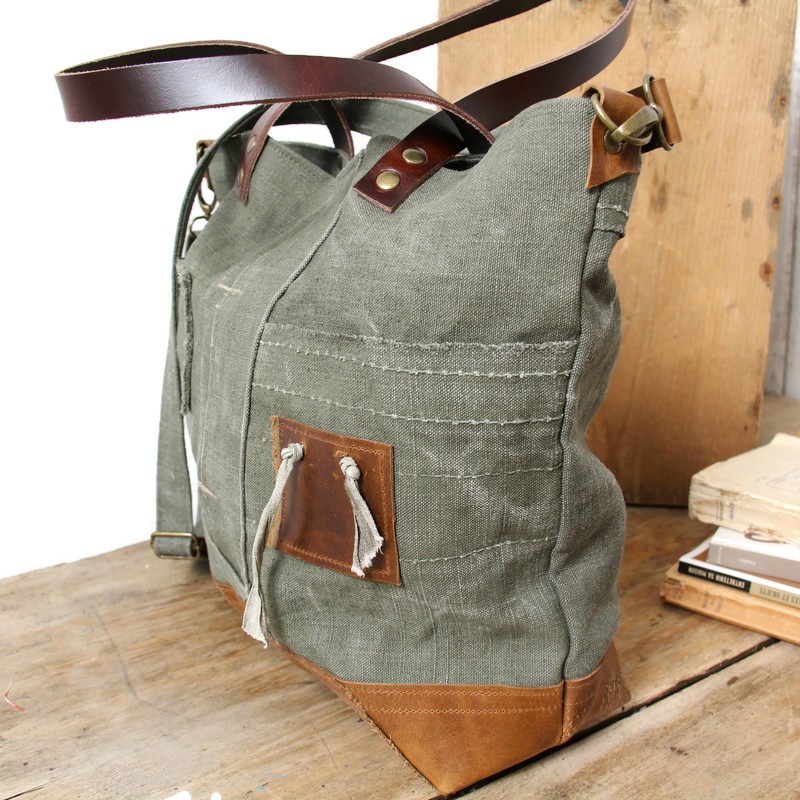 Sac mixte en toile militaire recyclée et cuir marron – pièce unique – Image 5