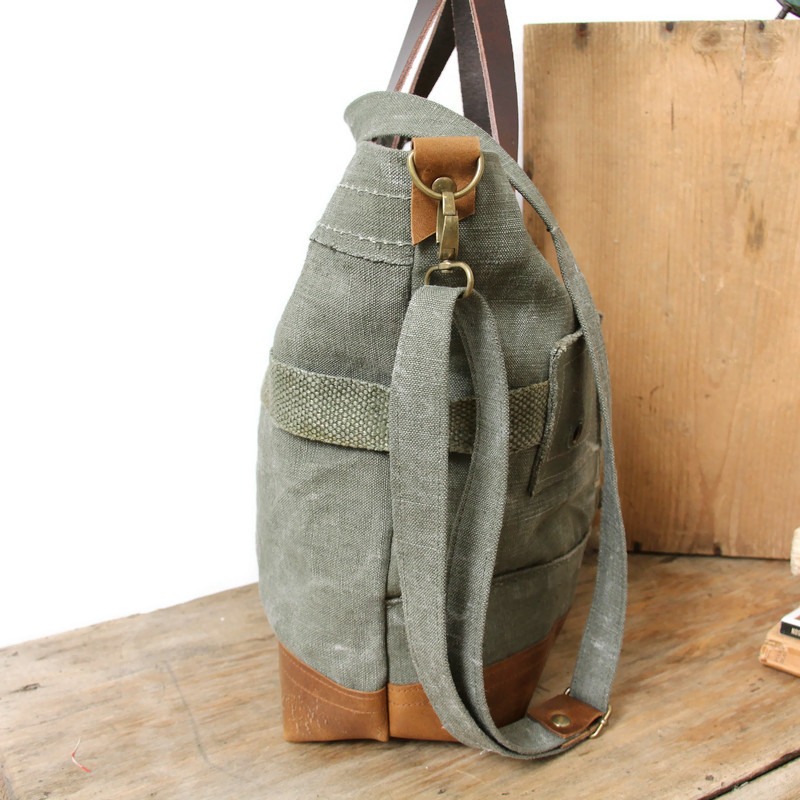 Sac mixte en toile militaire recyclée et cuir marron – pièce unique – Image 6