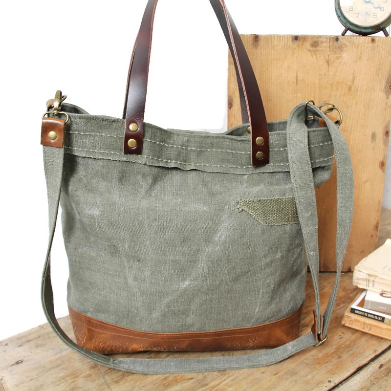 Sac mixte en toile militaire recyclée et cuir marron – pièce unique – Image 7