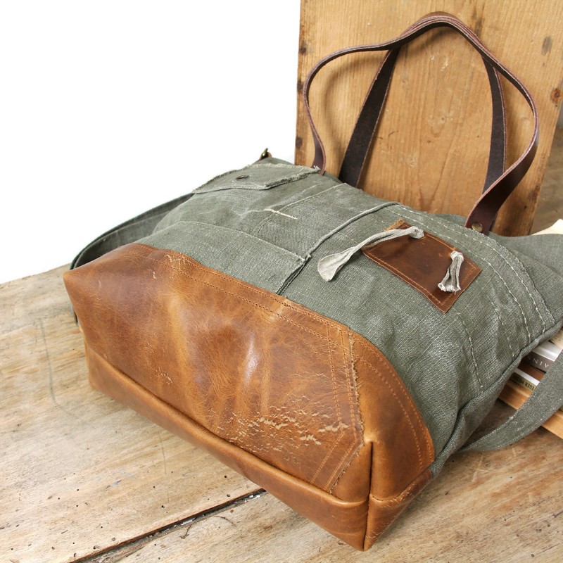 Sac mixte en toile militaire recyclée et cuir marron – pièce unique – Image 8
