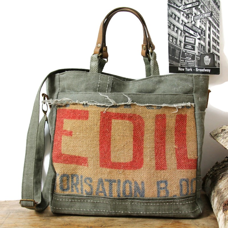 Sac porté main ou épaule en toile de jute et cuir
