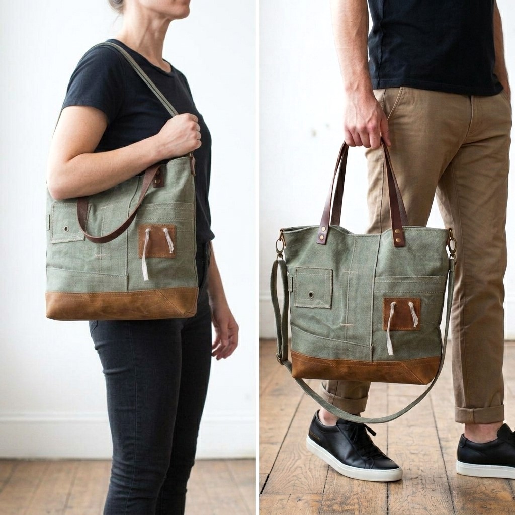 Sac homme ou femme pour le travail en toile kaki et cuir