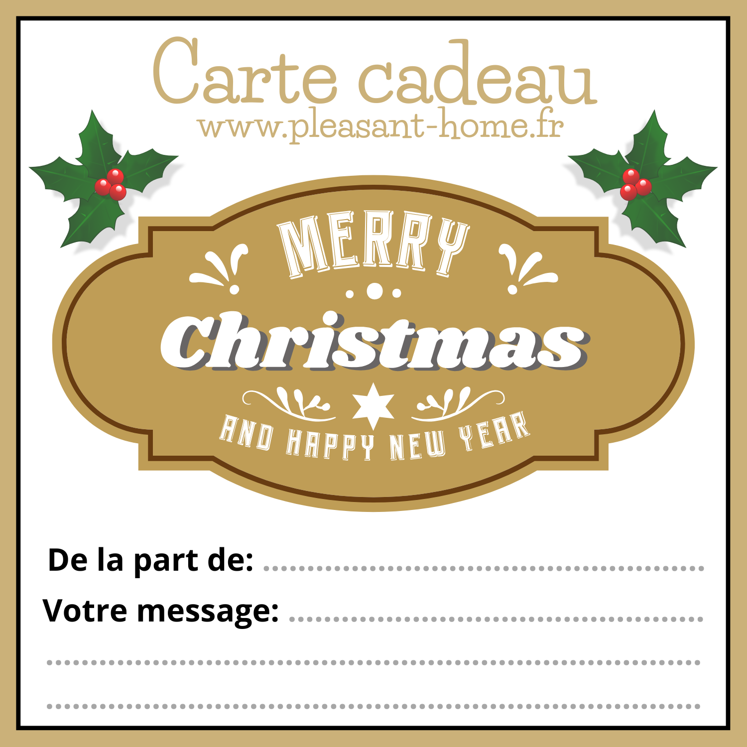 Carte cadeau Noël Pleasant Home à imprimer