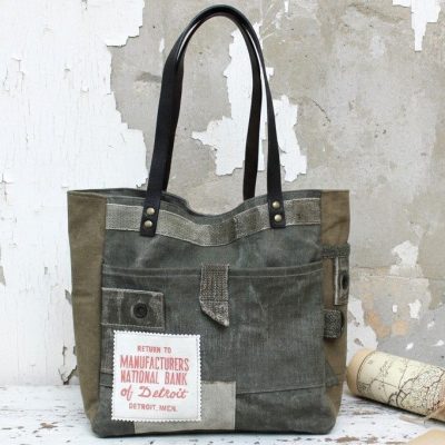 Cabas en toile militaire reyclé et cuir