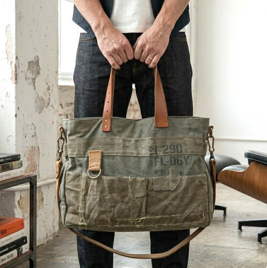 grand sac homme original en toile recyclée et cuir