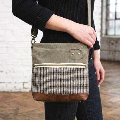 Sac en bandoulière pour femme en laine et cuir marron