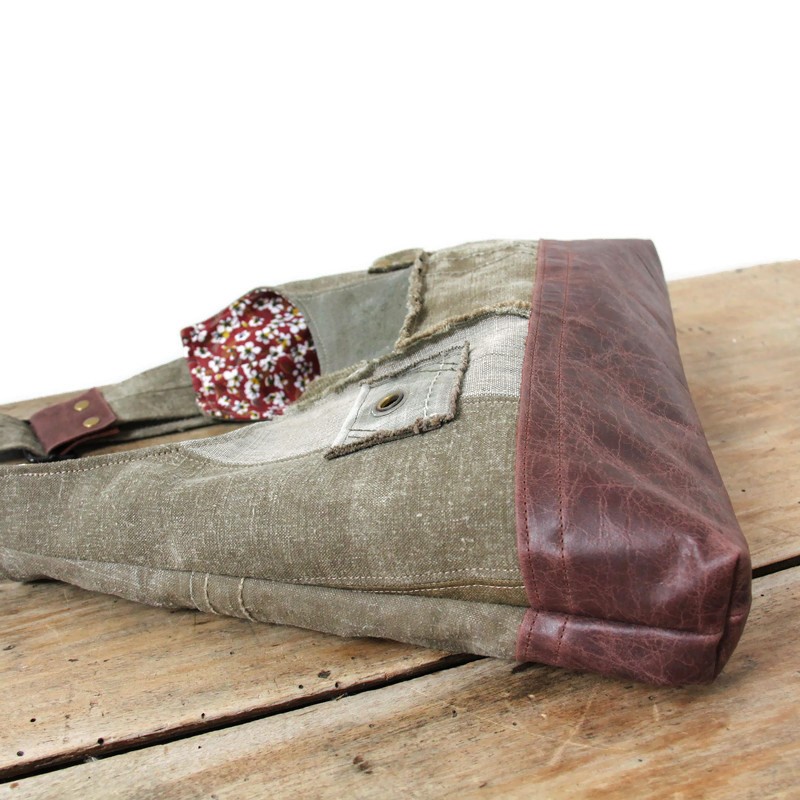 Mini totebag femme toiles recyclées et cuir Italien marron – Image 3