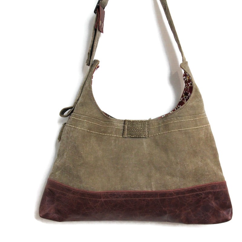 Mini totebag femme toiles recyclées et cuir Italien marron – Image 7