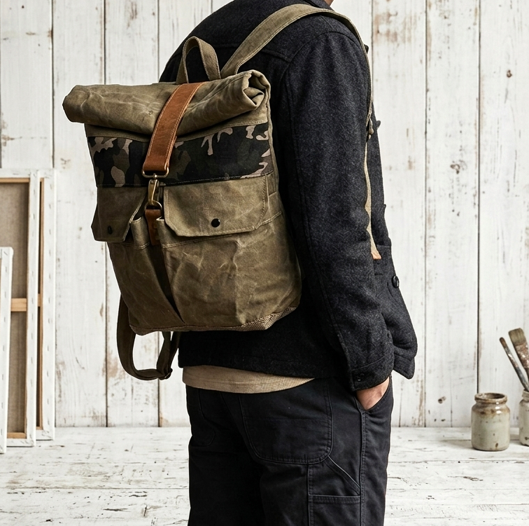 Sac à dos homme en toile recyclée et cuir