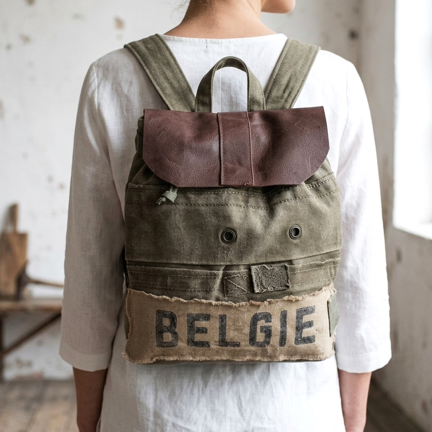 Sac à dos en toile recyclée kaki et cuir marron