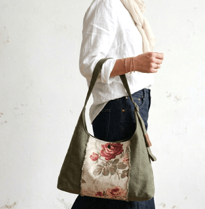 Sac à main pour femme en lin fleuri rose