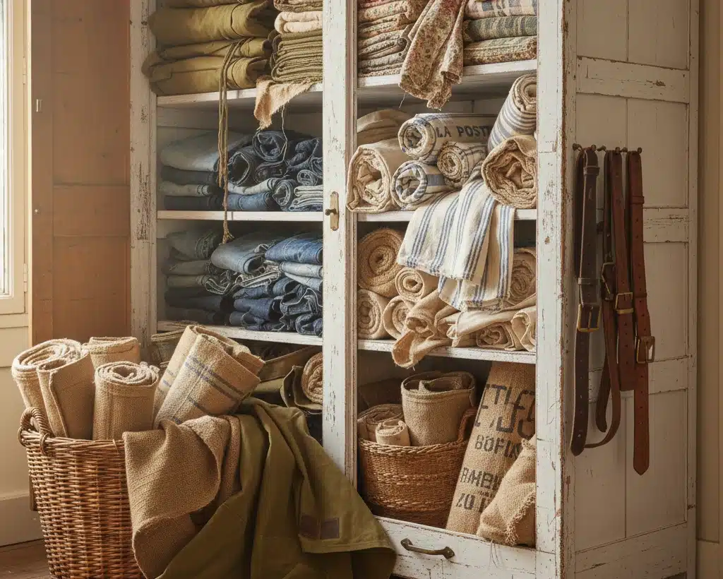 Armoire vintage blanche avec stock de toiles militaires, sacs de la Poste et textiles anciens upcyclés Pleasant Home.