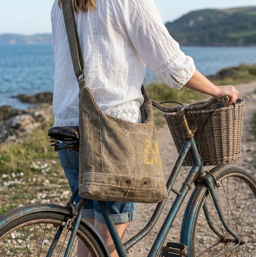 Ssac en bandoulière porté par une femme au bord de la mer. Le sac est en toile militaire recyclé vert olive avec des écritures d'origine jaunes