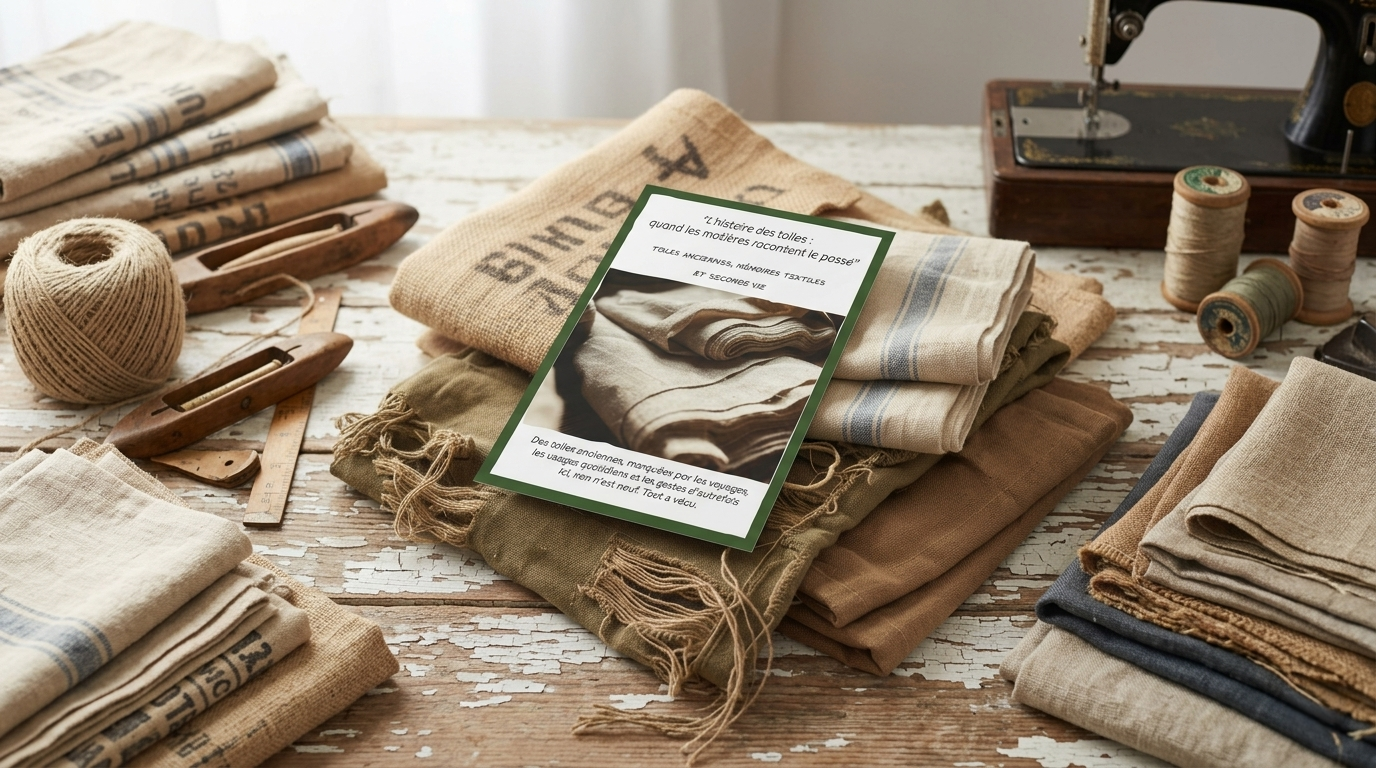 Guide PDF qui racconte l'histoire des toiles anciennes ( toile militaire, chanvre, toile de jute) utilsées par La créatrice de Pleasant Home pour la confection de ces sacs artisanaux