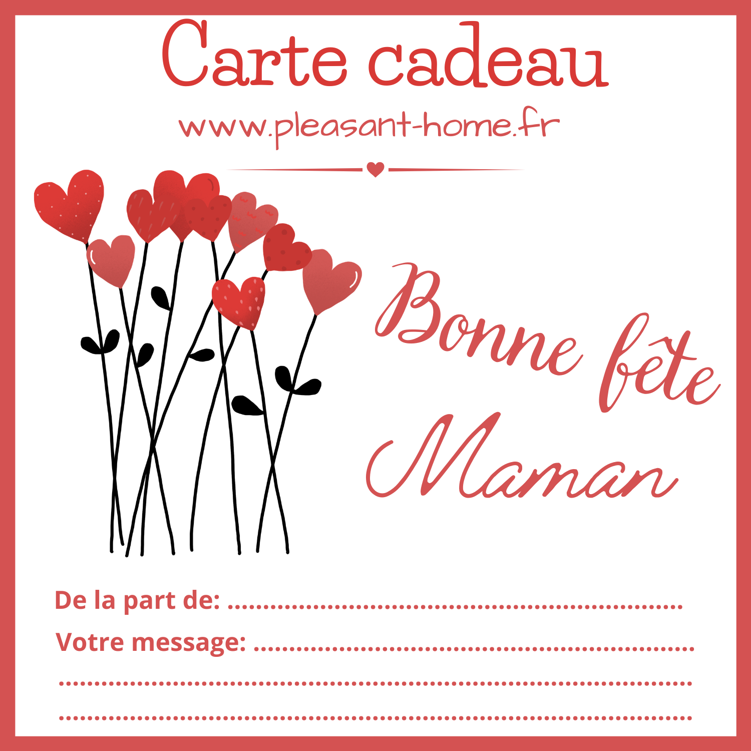 Carte cadeau en PDF spéciale fête des mères à utiliser sur le site pleasant-home.fr