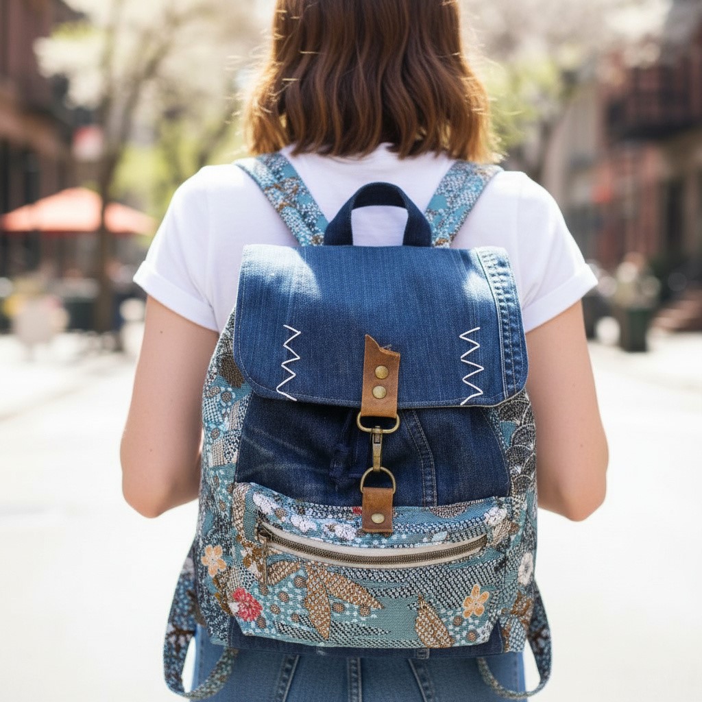 Sac à dos artisanal pour femme en denim bleu recyclé et chutes de tissu tapisserie à motifs fleurs et écailles, style vintage bohème, sur fond blanc rustique.