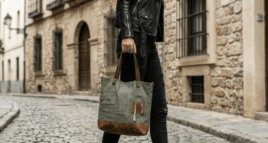 Sac de style urbain en toile militaire kaki recyclée et cuir marron portée par une femme dans la rue