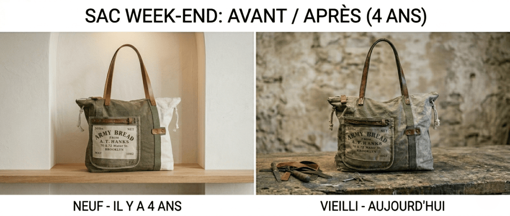 Sac weekend Pleasant Home neuf et vieilli par les usages. La maroquinerie artisanale qui vieillie avec beauté et donne ses patines et usures naturelles