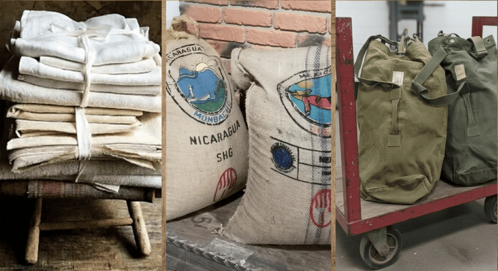 Chanvre ancien, toile de jute de café, toile militaire sont les toiles utilisées par Pleasant Home pour la confection de sacs durables