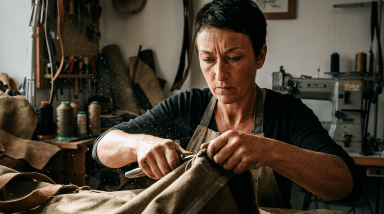 Vanessa Pointeau, créatrice ¨Pleasant Home dans son atelier de maroquinerie artisanale