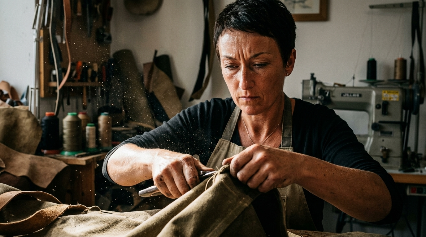 Vanessa Pointeau, créatrice ¨Pleasant Home dans son atelier de maroquinerie artisanale