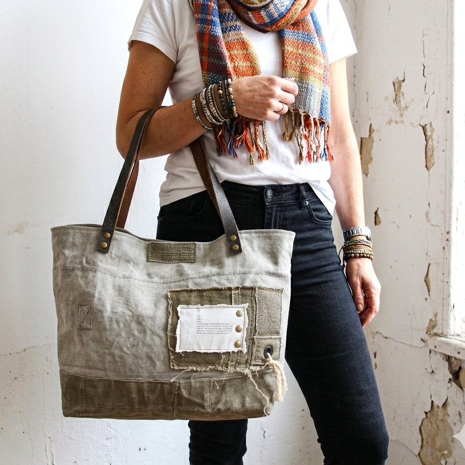 Sac cabas femme original toile recyclée grise et cuir