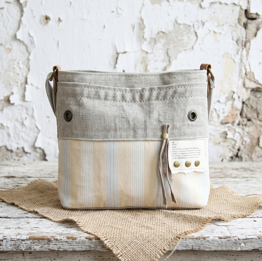 Sac forme besace pour femme en coton ancien rayé et coton gris. Style intemporel et casual