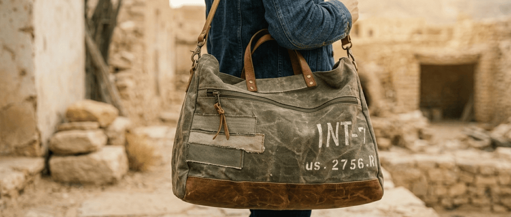 Sac pour homme en toile militaire recyclée et cuir. Création artisanale France
