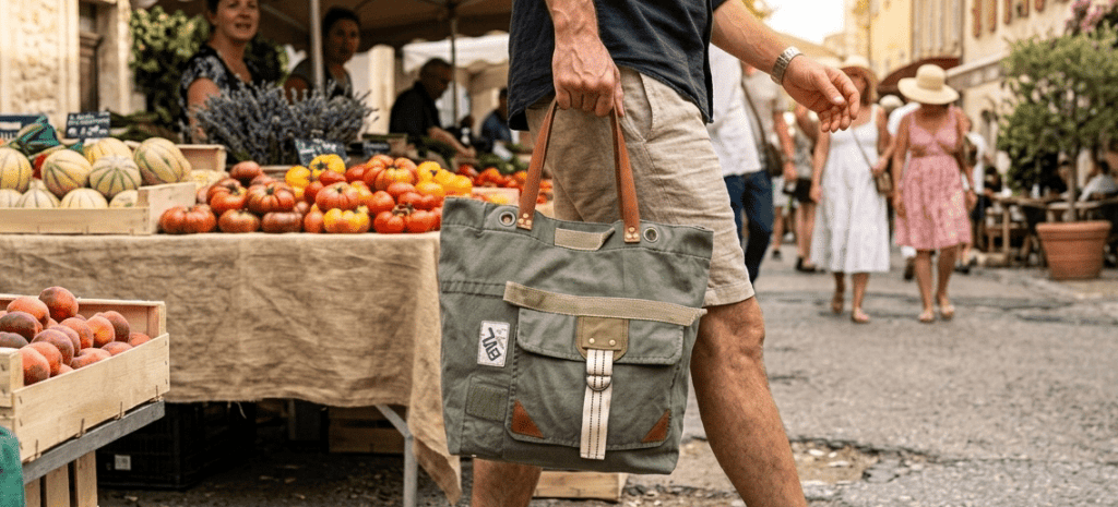 Sac cabas homme en toile militaire recyclée et cuir