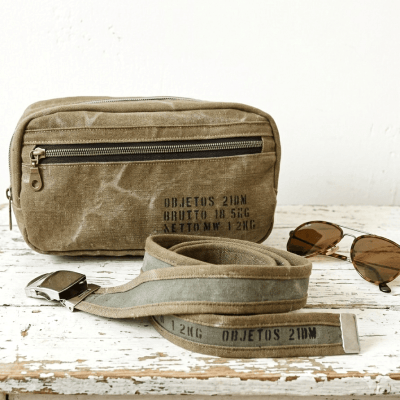 Ensemble ceinture et pochette homme en toile militaire ancienne | Fabrication artisanale française