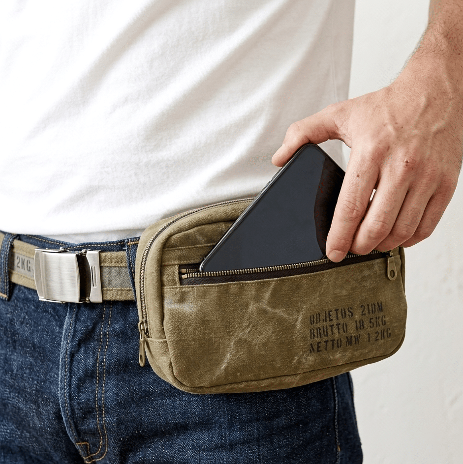 Ensemble ceinture et pochette homme en véritable toile militaire des années 1950. Fabrication artisanale en Bretagne, pochette amovible, pièce unique et idée cadeau originale.