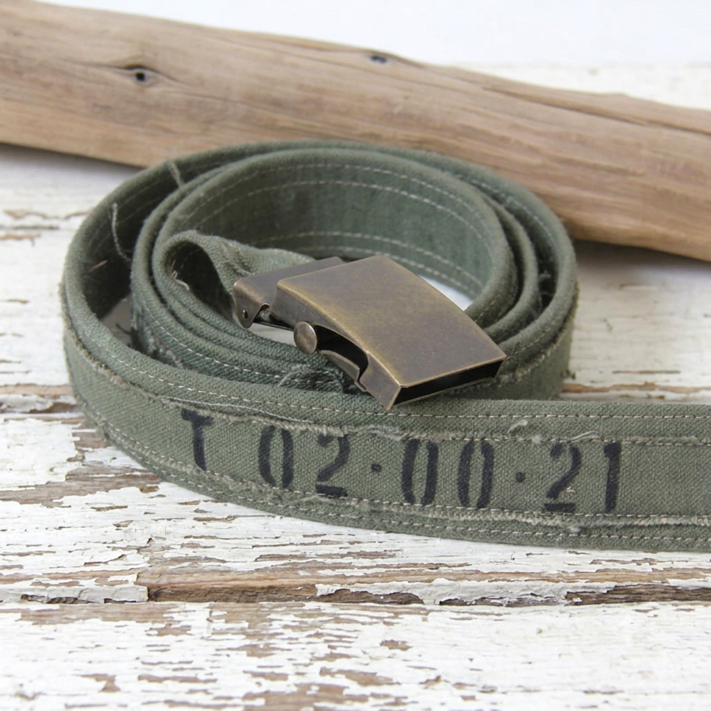 Ceinture homme en toile kaki avec boucle à l'ancienne. Fabrication artisanale dans le Morbihan