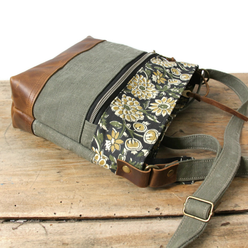 Sac bandoulière femme toile militaire et cuir français, pièce unique – Image 6