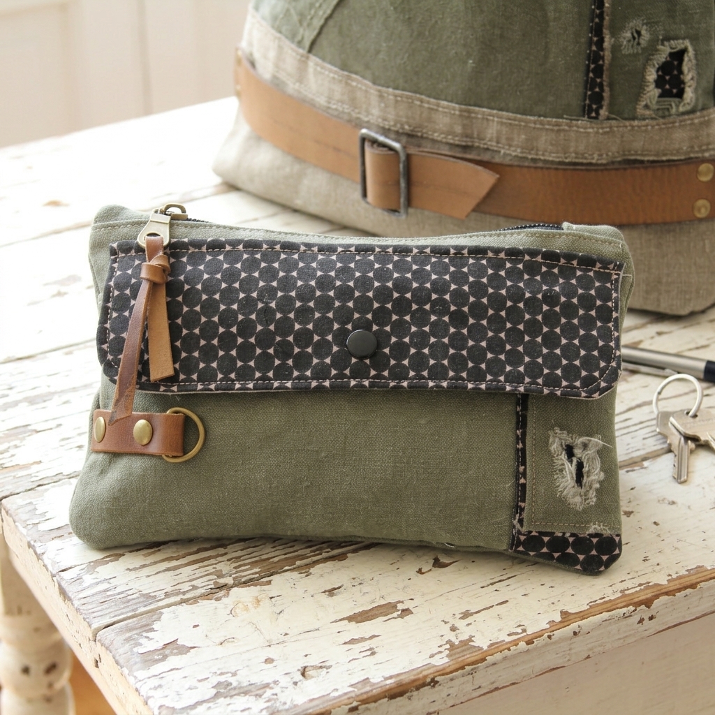 : Pochette femme en tissus anciens avec poche extérieure à pression