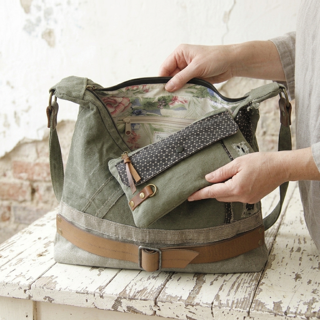 Sac bandoulière femme en toile militaire ancienne et cuir – Image 3