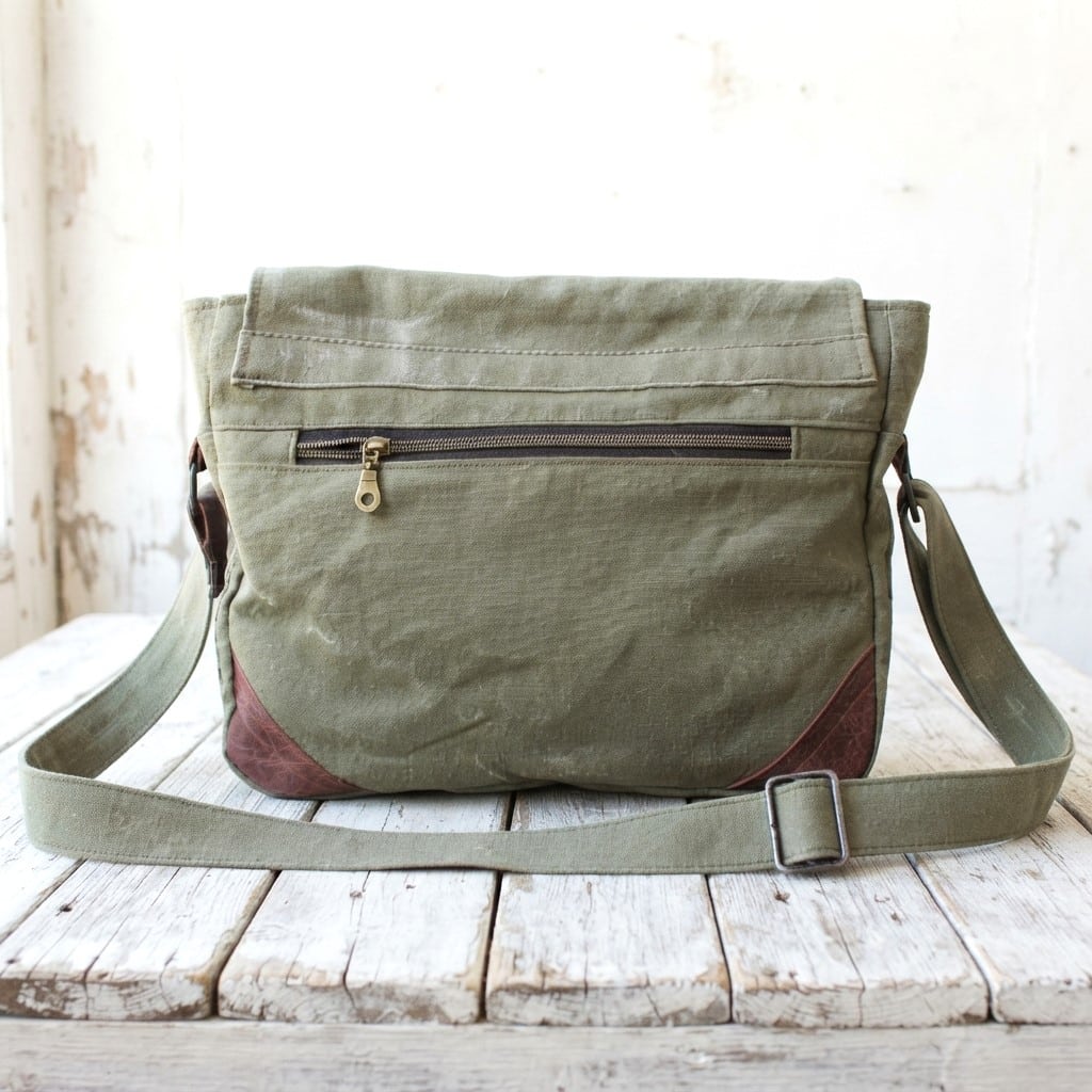 Besace homme en toile militaire, sac postal américain et cuir – Image 4
