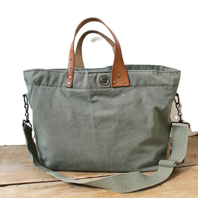 Grand sac homme en toile militaire et cuir – Image 6