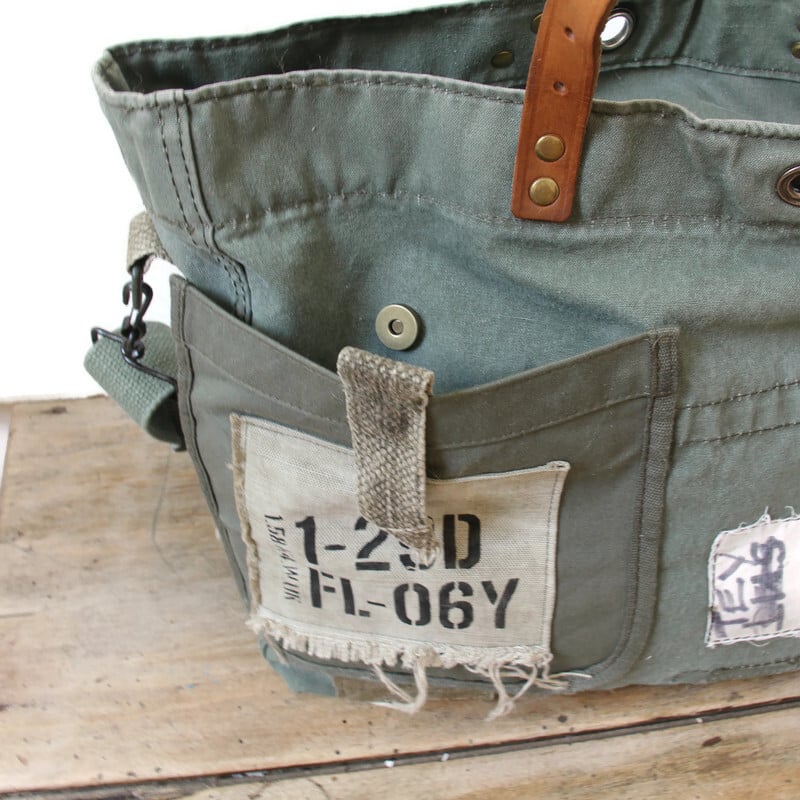 Grand sac homme en toile militaire et cuir – Image 7