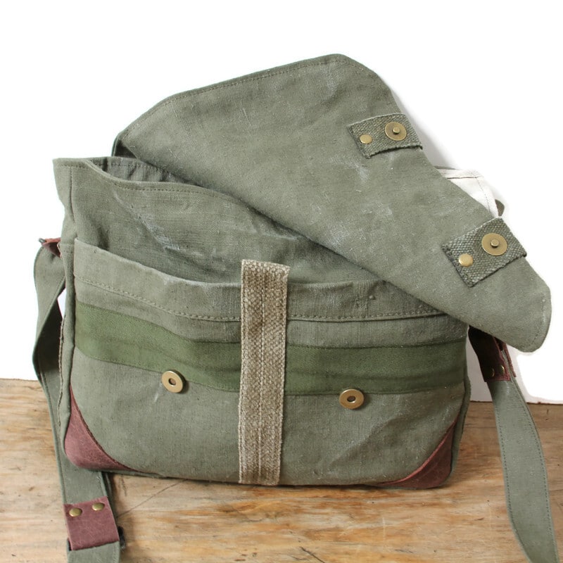 Besace homme en toile militaire, sac postal américain et cuir – Image 6