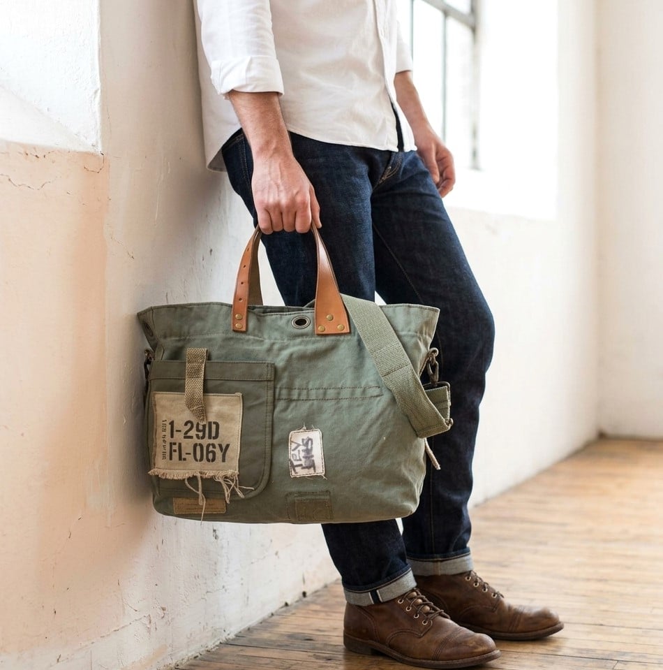 Fourre-tout militaire homme en toile et cuir