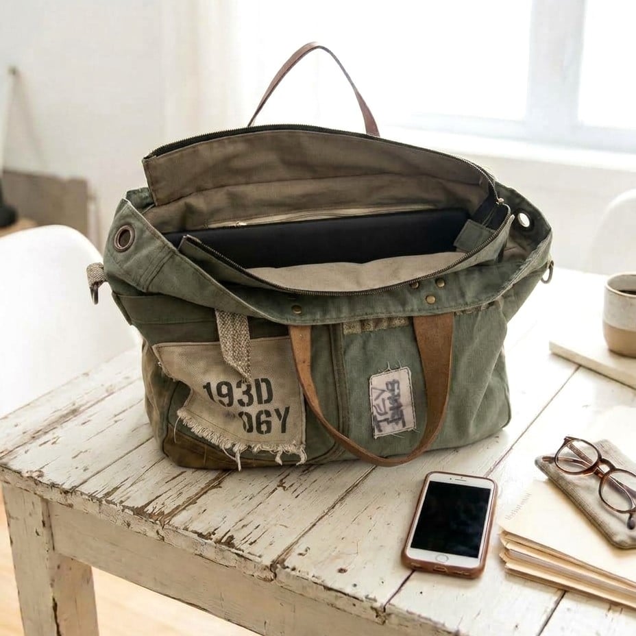 Sac de travail grande taille pour homme en toile et cuir, fabrication dans le Morbihan