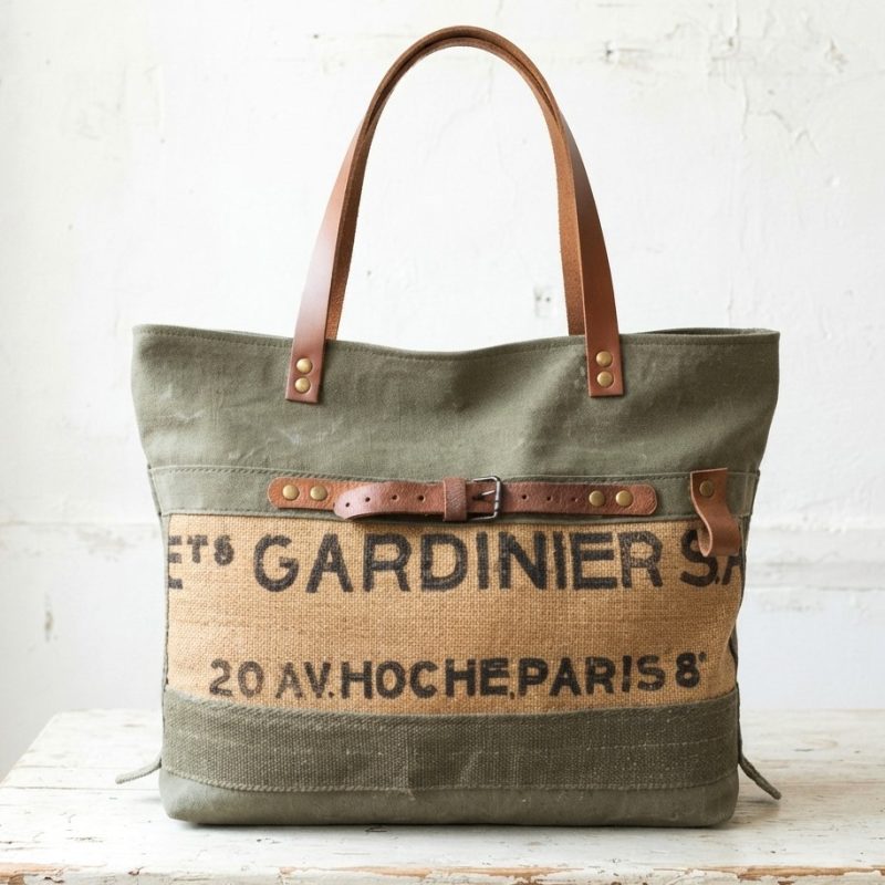 Grand sac cabas zippé pour femme en toile militaire et toile de jute. Parfait pur le quotidien