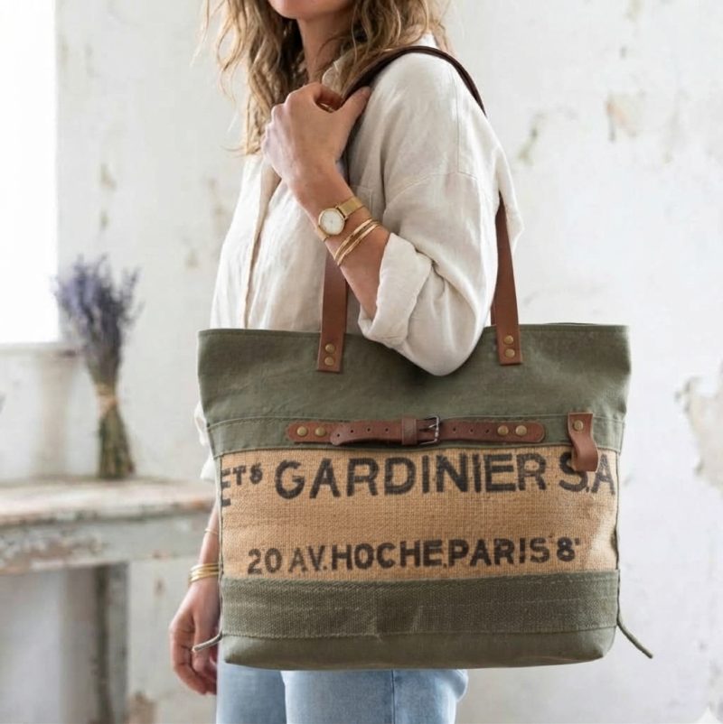 Cabas grande taille pour femme en toile de jute recyclée et toile militaire